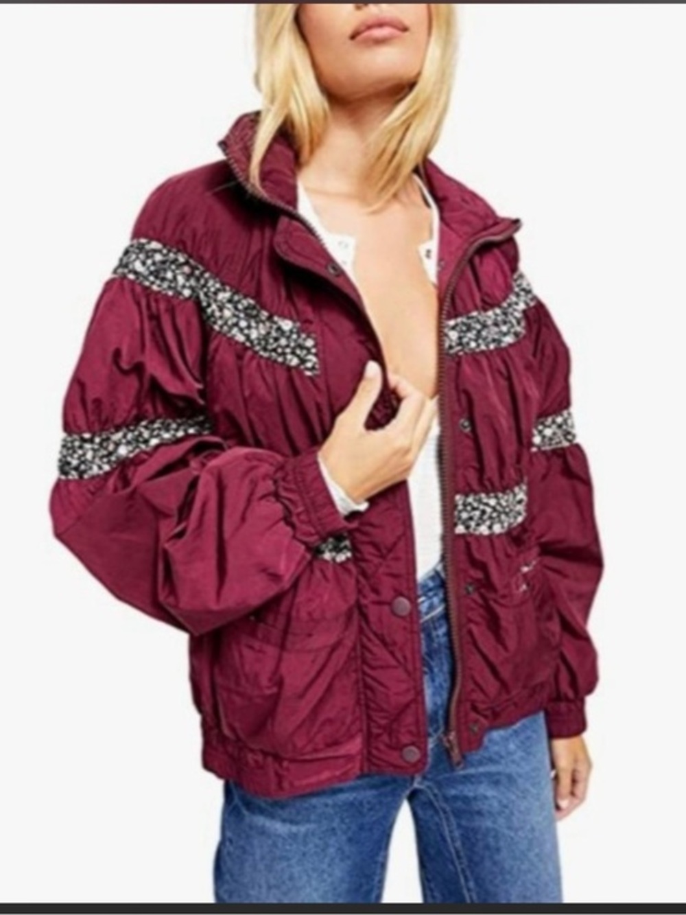 Free People On My Mind Bomber Jacket Women Mulberry Floral Womens Small